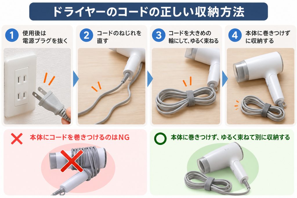 ドライヤーコードの正しい収納方法