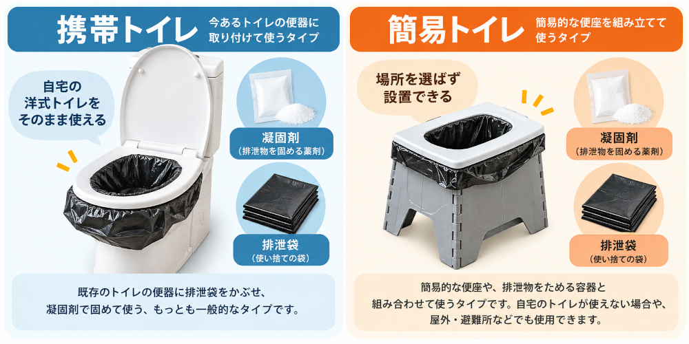 携帯トイレと簡易トイレの違い。既存の洋式トイレに排泄袋を設置するタイプと、簡易便座を使用するタイプの比較図